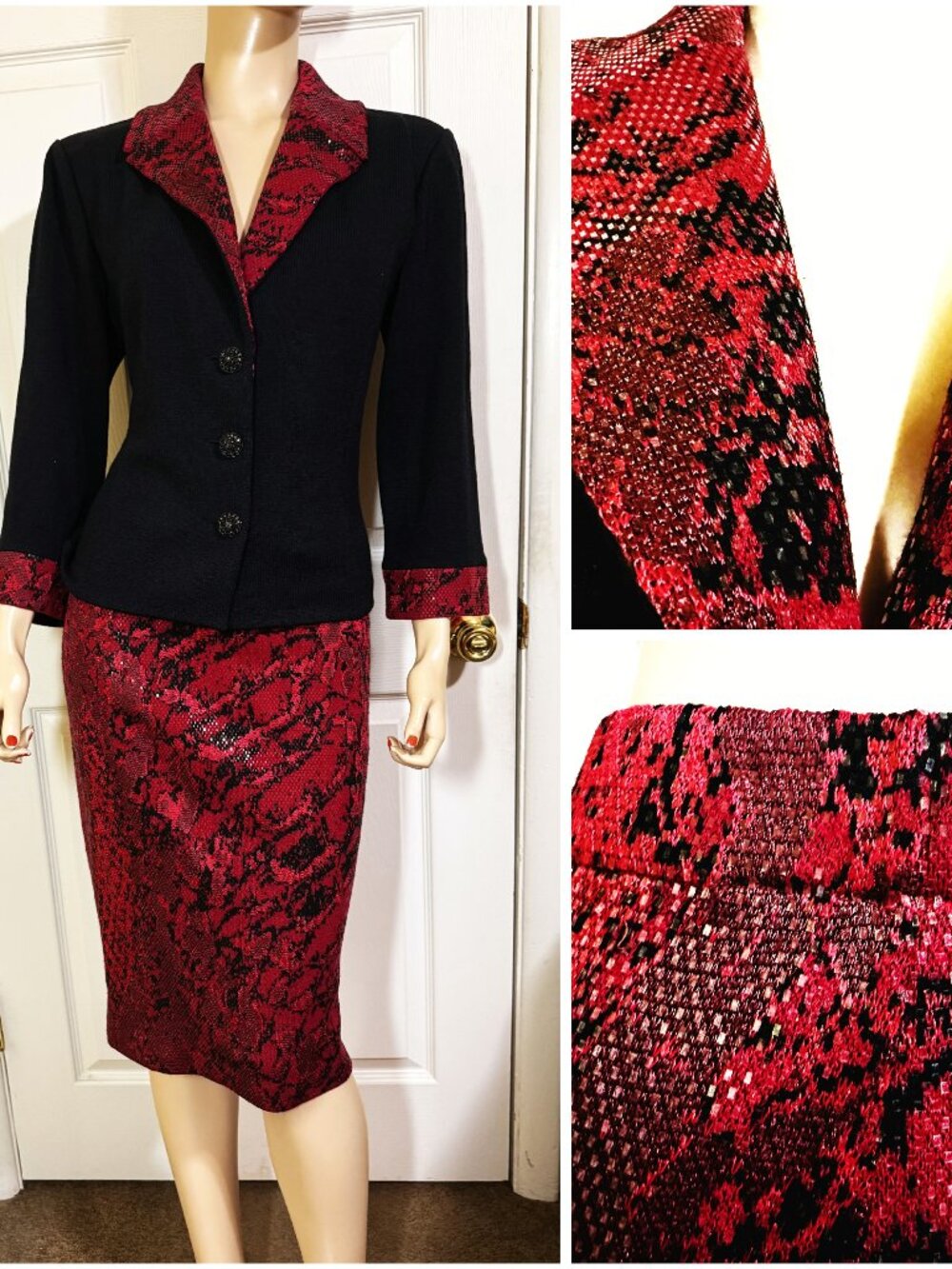 Gorgeous St John Eve Skirt & Jacket Suit Crimson & Black w Paillettes sz 12